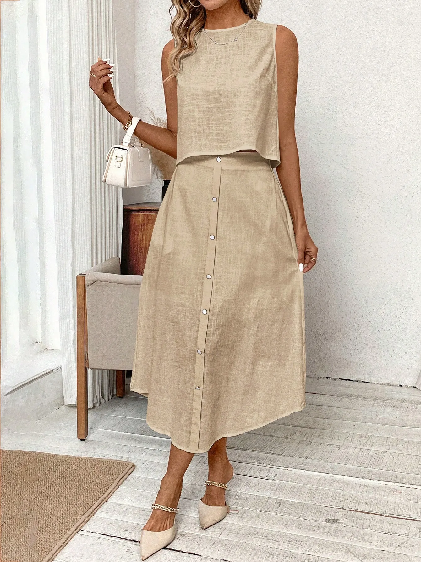 2024 new Europe and the United States cross-border linen suit breathable sleeveless round collar vest ➕ half skirt two-piece set