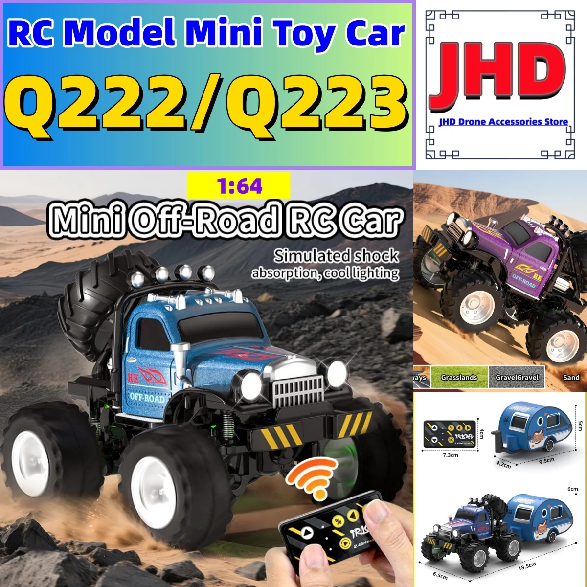 

JHD для JJRC Q222 Q223 1:64 мини-радиоуправляемый грузовик с прицепом из сплава, вездеход, модель с дистанционным управлением, игрушечный автомобиль