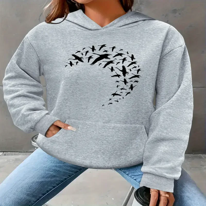 

Женская толстовка с капюшоном, элегантный мягкий пуловер с графическим рисунком Flying Geese и фазы Луны, повседневная официальная одежда, осенне-зимняя уличная одежда