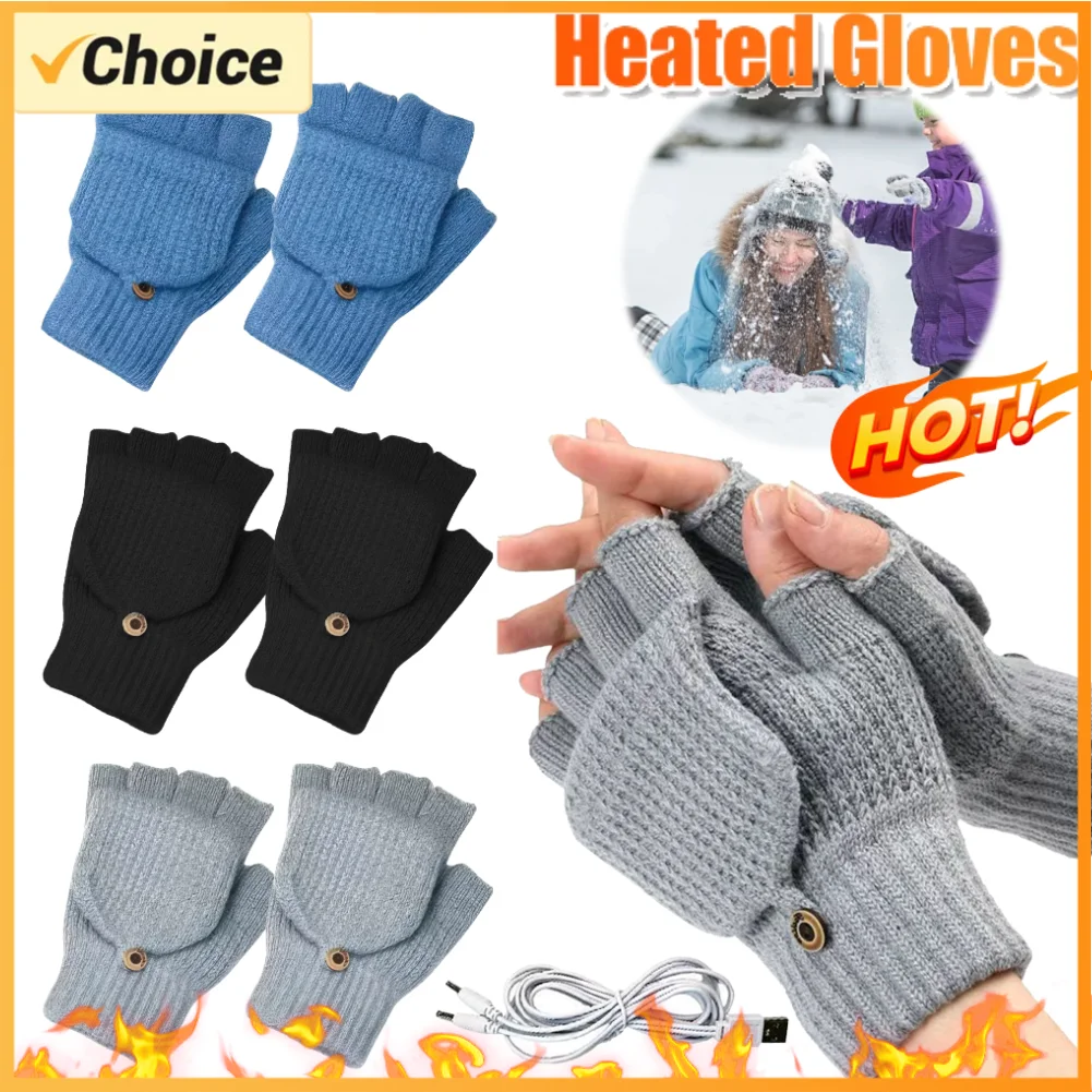 Heating Gloves Rechargeable Winter Warm USB Electric Heated Gloves Fingerless Mittens Hand Warmer Thermal Gloves Skiing Gloves