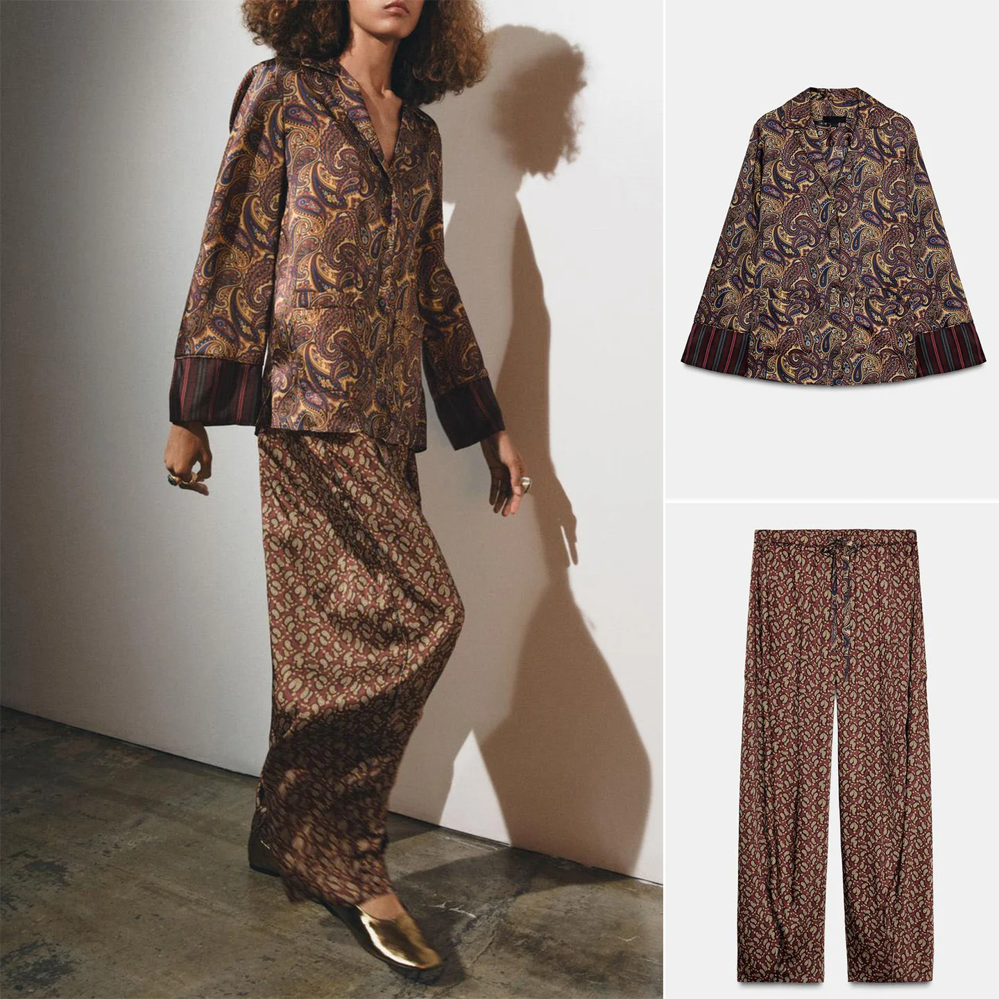 

Spwear с принтом пейсли Sle irt Long Sve Длинные брюки с отложным воротником и средней талией Женский модный комплект Осенняя повседневная одежда