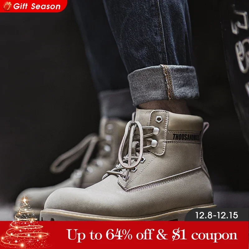 Maden Casual Desert Grey Boots Thick-soled Mid-cut Work Boots for Men Versatile Warm Leather Boots for Autumn and Winter Shoes