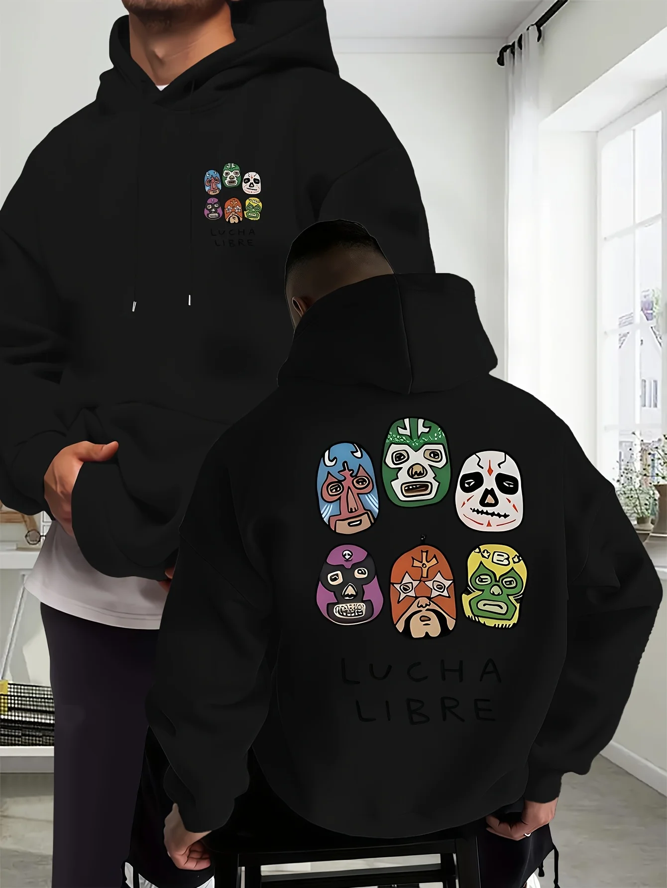 Fight Culture Men's Hooded Sweatshirt - Colorful Wrestling Mask Double Print - Stylish and Chic Daily Warmth Pullover Shirt