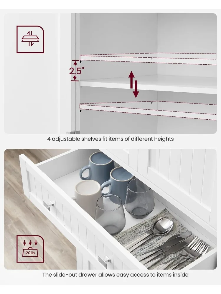 Pantry Cabinet, with a Drawer, 2 Cabinets, 4 Adjustable Shelves, 6 Door Shelves, for Living Room, Kitchen