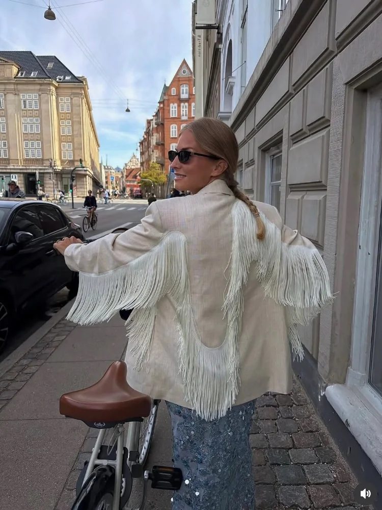 Chic Women Oversized Fringe Blazer Jacket Open Front Lapel Long Sleeve Linen Blend Loose Fit Lady Daily Streetwear Daily Coat