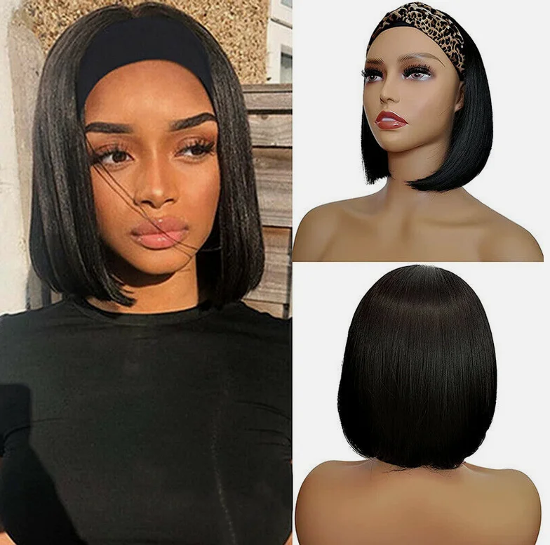 Short Bob Headband Wigs for Black Women with Wig Cap Nature Looking Straight