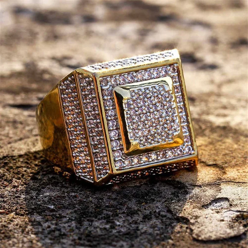 High Quality Trendy Mixed Style Golden Full Crystal Geometric Men\'s Ring Business Style Wedding Jewelry Male Hand Accessories