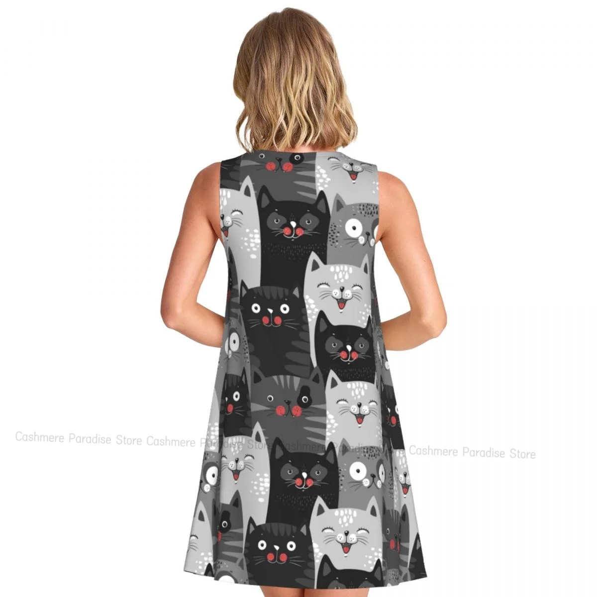 فستان نسائي كارتوني لطيف القطط الصيف عادية تي شيرت فساتين الشاطئ التستر فستان تانك