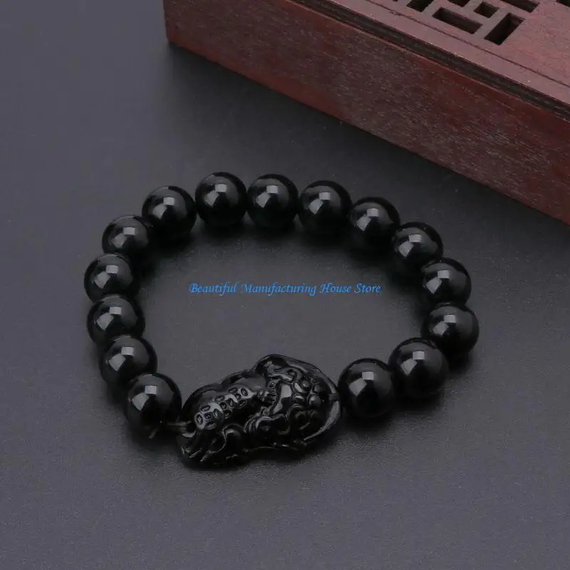 

E56A Natural Black Stretch Bracelet with Pixiu Amulet Accs for Daily Wearing