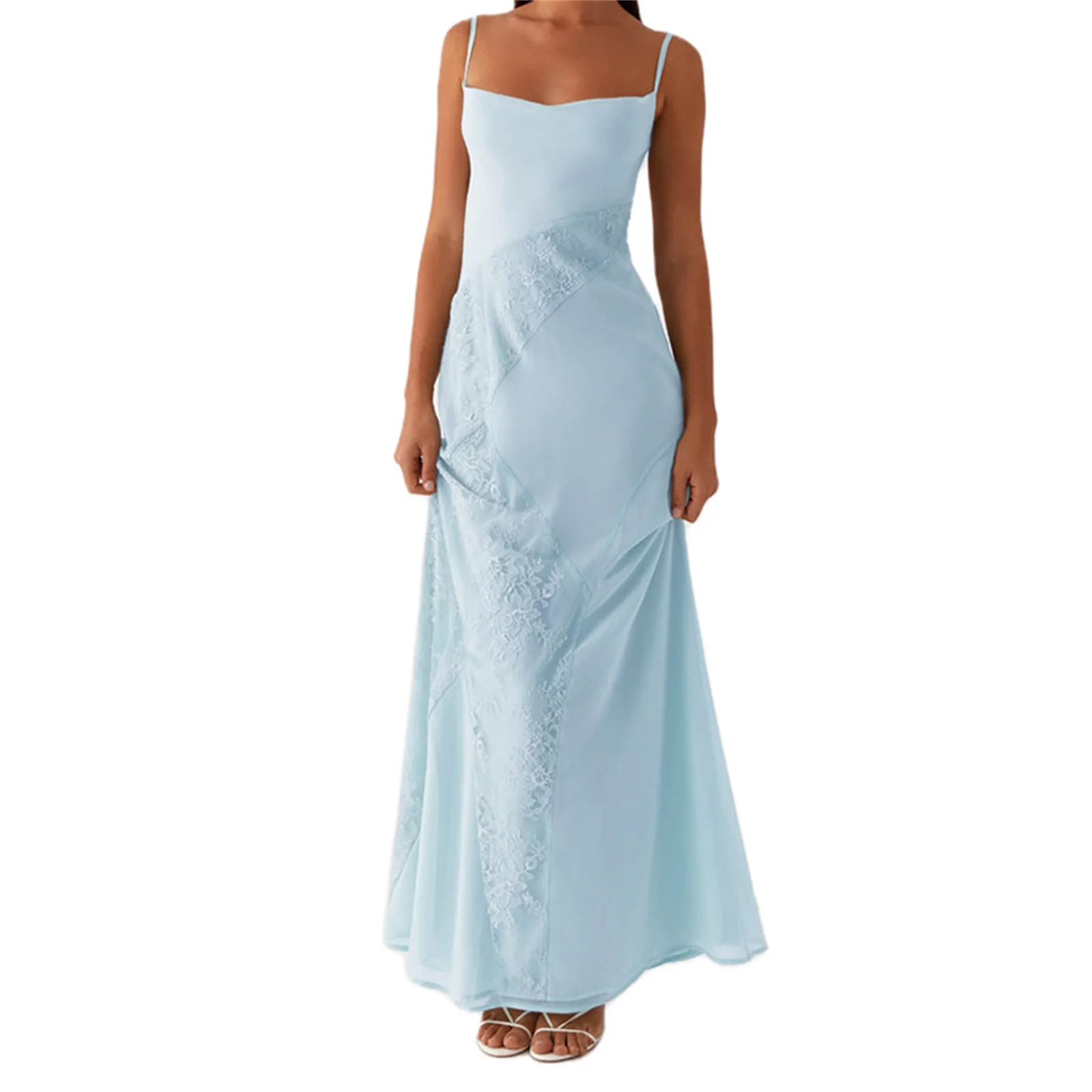 المرأة الصيف أنيقة الساتان الدانتيل المرقعة فستان ماكسي مثير بلا أكمام عارية الذراعين السباغيتي حزام Bodycon شبل فساتين الحفلات #3