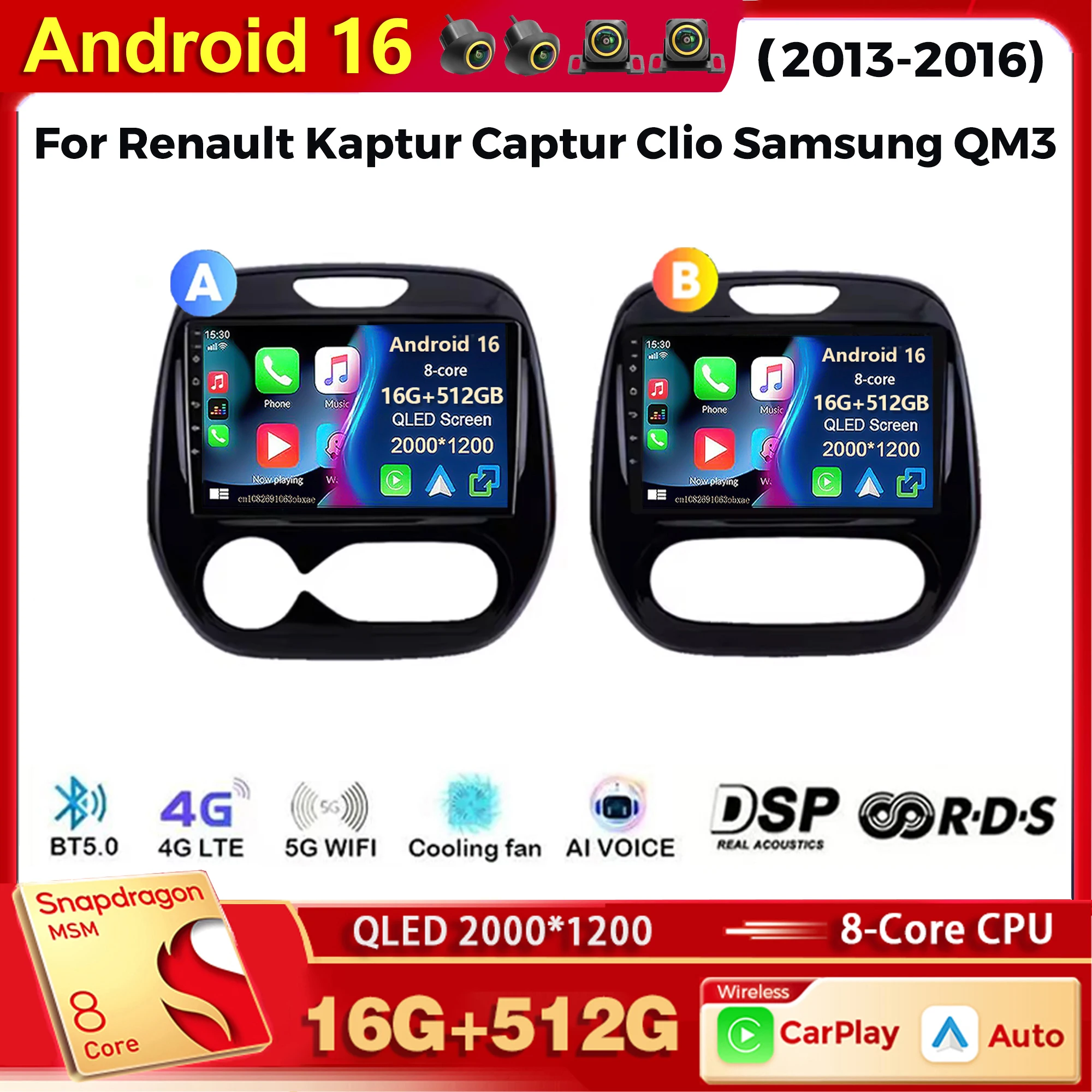 Android 15 rádio do carro reprodutor multimídia para renault kaptur captur clio samsung qm3 2013-2016 carplay carro estéreo wifi + 4g ai voz