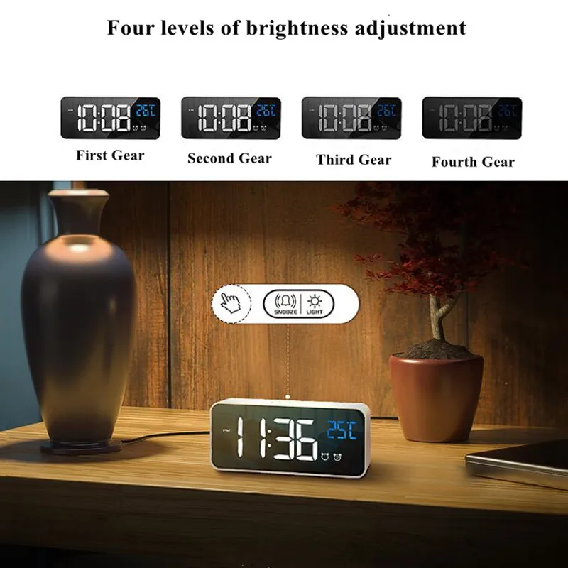 

Voice Control Digital Alarm Clock TEMP 2 Alarms Snooze Night Mode Table Clock Power Switch 12/24H Rechargeable Music LED Clock