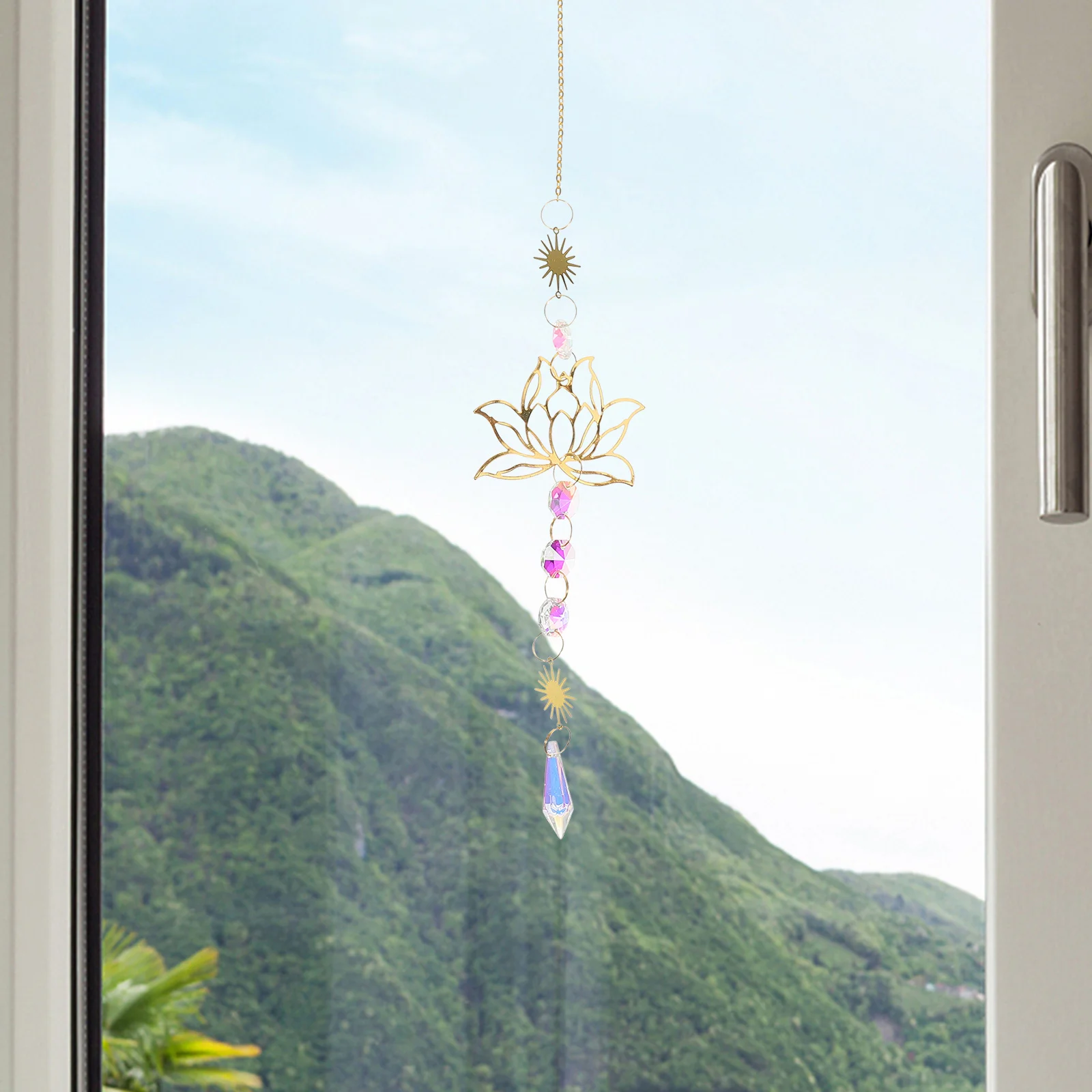 

Crystal Sun Catcher with Golden Lotus Design for Indoor Window Garden Decoration Hanging Wall Decor Outdoor Sun Catchers