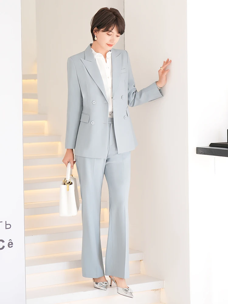 Blue Suit Set 2024 Spring Autumn Women's Faionable Profional Godd Sle Polyester And Spandex Workwear Ensemble