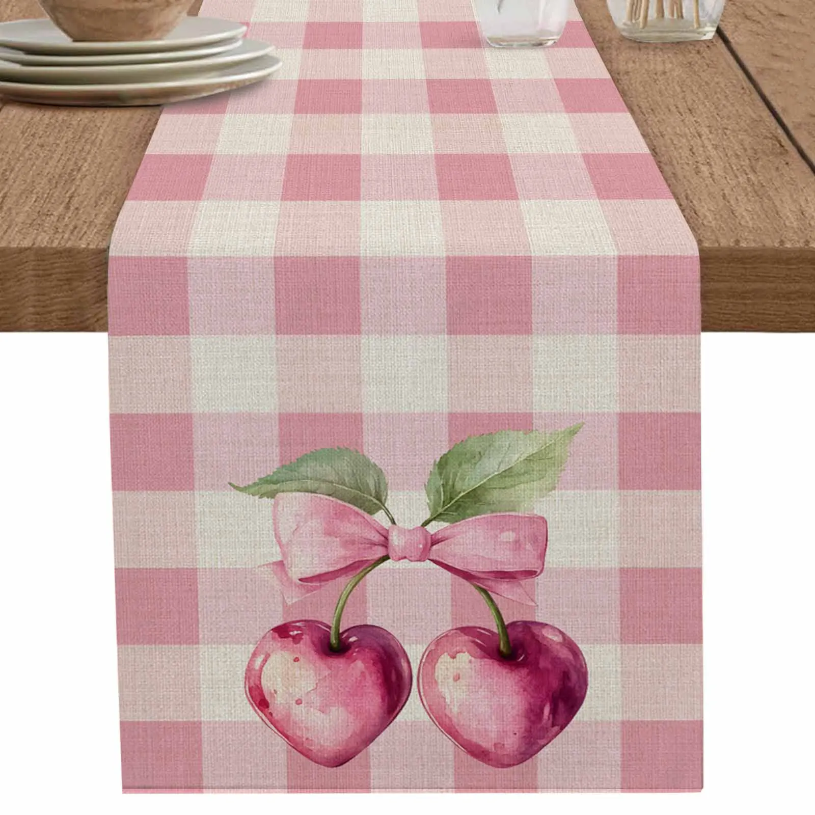 

Pink Cherry Sweet Bow Table Runner Cotton Linen Wedding Dinner Decor Table Flag Holiday Home Tea Table Decoration