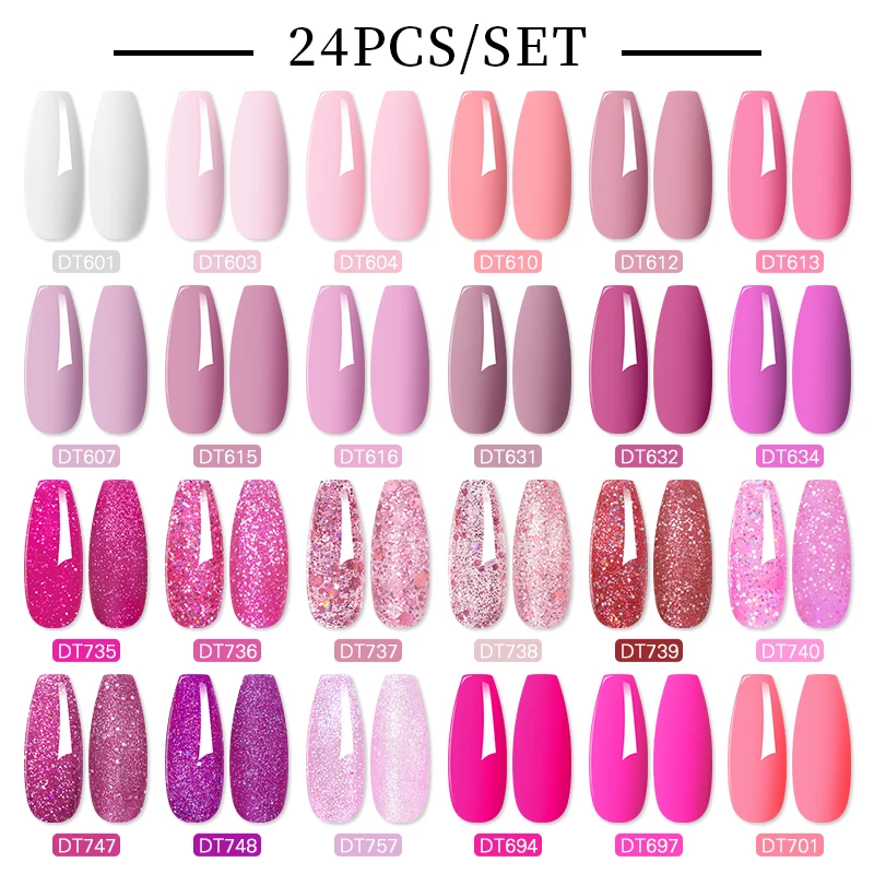 

MEET ACROSS 24Pcs/Set Roes Red Pink Gel Nail Polish Glitter Sparkly Soak Off UV Gel LED Nail Art Varnish Manicure Kit For Nails