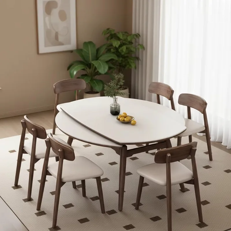 Marble Vein Sintered Stone Extendable Dining Table Solid Wood Fram Modern Round-Oval Expandable Kitchen Table For Small Spaces