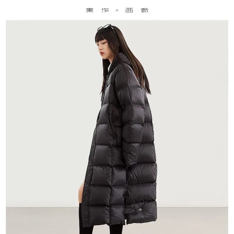 Füllstoff: Entendaunen ~ Lange Overknee-Daunenjacke im Paar-Stil, schwarzer Petite-Mantel, neues Wintermodell