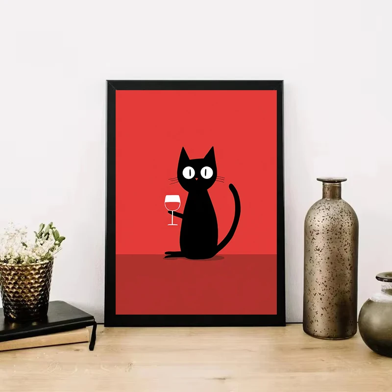 Black Cat with Glass Bottle Wine Chess Poster Chic Cat Modern Illustration Artwork Canvas Painting Wall Pictures Kitchen Decor