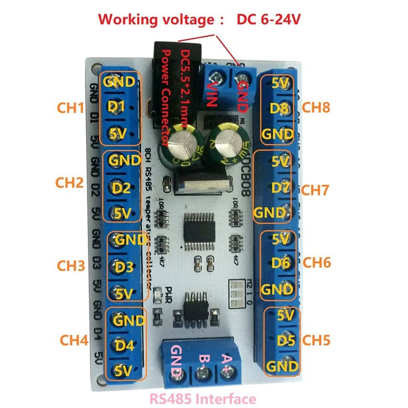 ELETECHSUP 8Ch Ds18B20 Rs485 Modbus Rtu مستشعر التحكم في درجة الحرارة وحدة رقمية عن بعد PLC R4DCB08 نادر