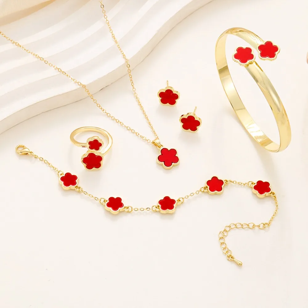 Fashion Alloy Jewelry Set Five Leaf Flower Plum Blossom Necklace Laser Metal Girls Bracelet Women\'s Necklace Party Jewelry