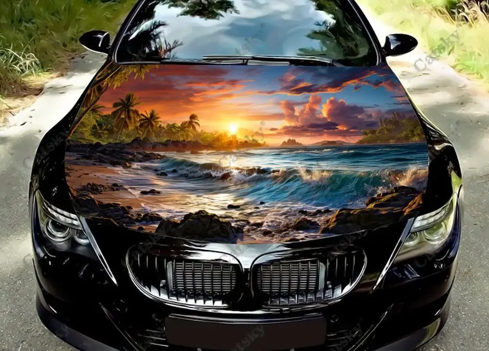 Sunset Beach Palm Trees Waves Car Hood Vinyl Stickers Wrap Vinyl Film Engine Cover Decals Sticker on Car Auto Accessories