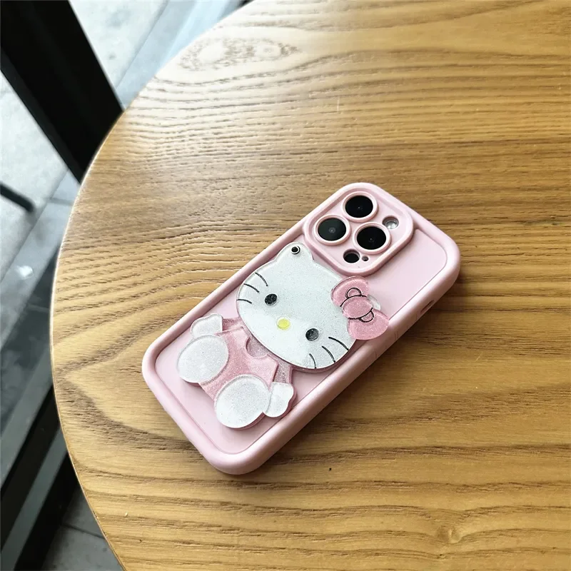 الوردي مرحبا كيتي Kawaii مرآة لوضع مساحيق التجميل جراب هاتف آيفون 16 15 14 13 12 11 ProMax XR XSMAX 7 8Plus فتاة صغيرة Y2K غطاء لطيف