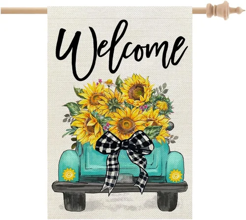 Summer House Flag Sunflowers Truck 28X40 Inch Double Sided Large Burlap Holiday 744759429520 AAV hhz