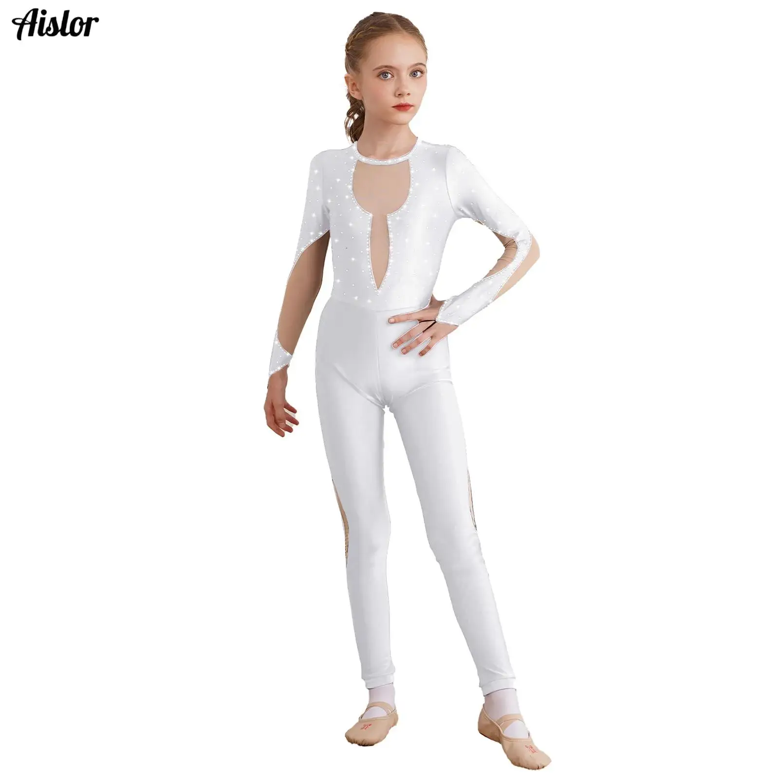 

Kids Girls Gymnastic Leotard Long Sleeve Sparkly Skating Ballet Dance Unitard Full Body One Piece Romper Bodysuit Dancewear