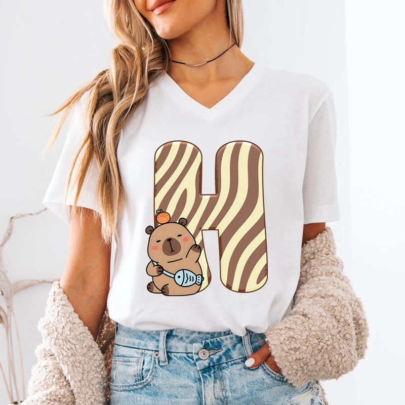 Capybara 26 Alphabet Women's V-neck T-shirts Fun Capybara Letter A-Z Print T-Shirt Cartoon Animal Short Sleeve Fashion Y2K Tops