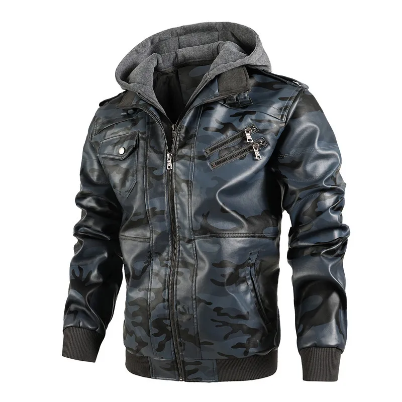 New Male Street Wear Motorcycle Leather Jackets Hat Detachable Men Hooded Leather Jackets Camouflage Casual Leather Coats 4XL