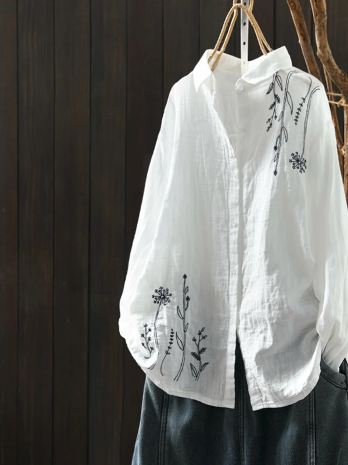 

Хлопково-льняной топ с вышивкой в стиле ретро, свободный длинный воротник-свек, однотонный женский топ, универсальный осенний новый Sle