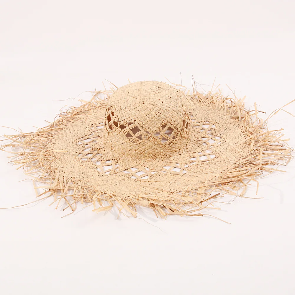 Extra Wide Brim Hand Woven Rafia Straw Hat, Foldable Beach Vacation Sun Protection Cap Cross Border Hot Sale