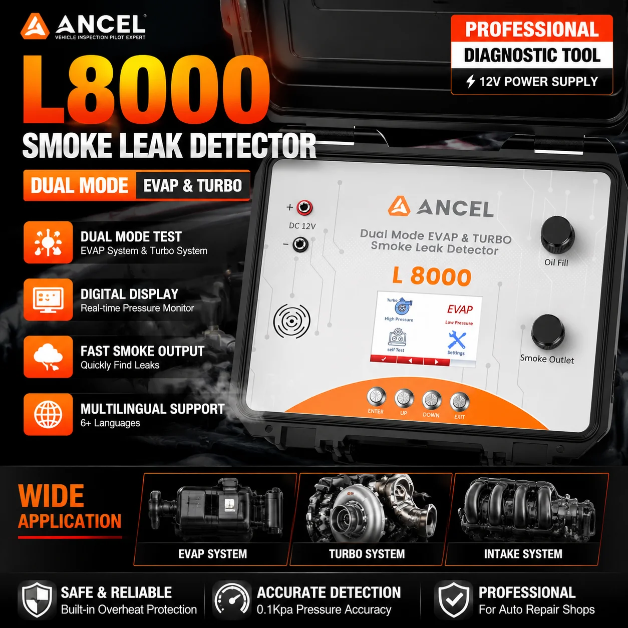 Image of ANCEL L8000 Kfz-Rauchlecksucher mit Digitalanzeige, Dual-Modus EVAP-Lecktest, Turbo-System-Diagnosetool, Auto-Rauchmaschine mit Farbdisplay, mehrsprachiger Anzeige für die Leckageerkennung im