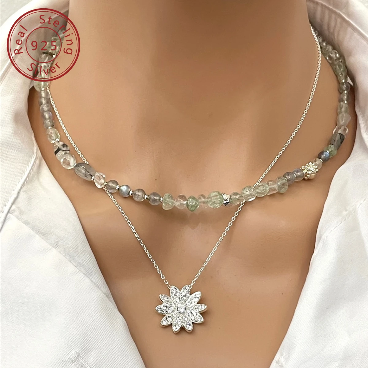 925 silver full  inlay daisy necklace and natural hair crystal moonstone beaded necklace, niche design style, retro senior