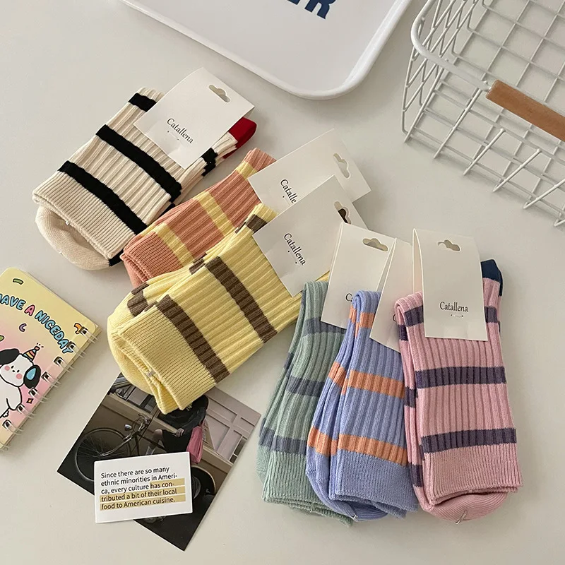 

Green Striped Mid-Calf Socks Macaron Color Series Korean Personality Trendy Designer Internet Famous Woman 's Cotton Socks 양말