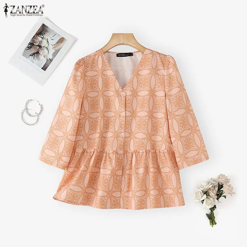 

ZANZEA Fashion Summer Spring Blouses OL Work Women Blouse Long Sleeve Print V Neck Tops Oversize Pleated Blusas Casual Tunic