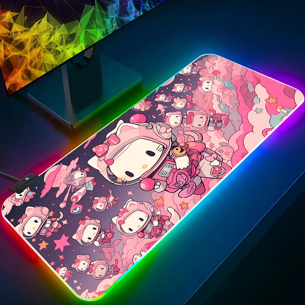 Imagem -04 - Cute Anime Keyboard Mouse Pad Olá Kitty Rgb pc Gamer Mousepad Led Glowing Mouse Mats Rubber Gaming Computer Mausepad