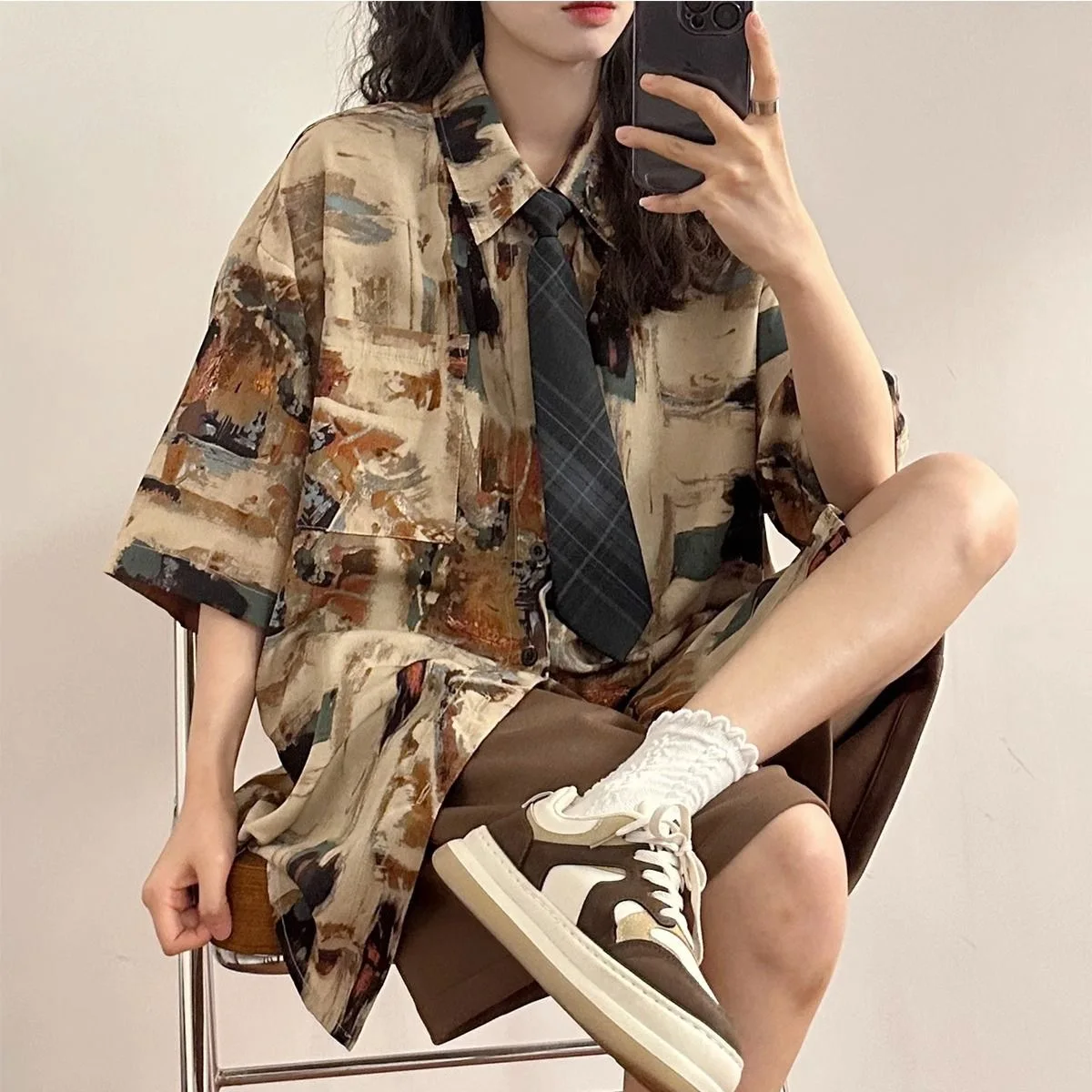 2024 New Women's Street Hip Hop Printed Short Sleeved Shirt Coat Fashion Punk Style Men's And Women's Loose 5/4 Sleeve Top Trend