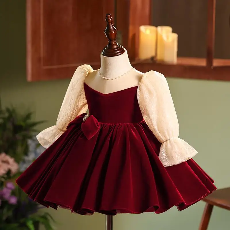 New Girls Autumn Winter Fashion Princess Ball Gown Children Cute Bow Long Sleeve Birthday Wedding Party Dress y1428