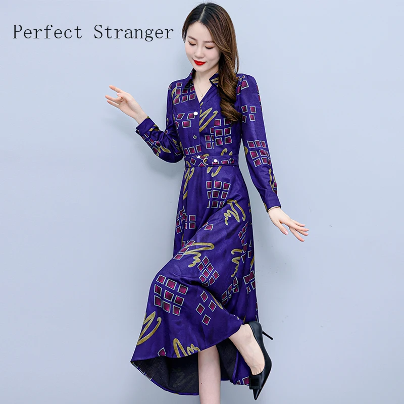 2024 Autumn Fall Vintage Floral Print Turn-down Collar  Belt Long Sleeve Women Ladies Casual Party Long Dress  Women Cothing