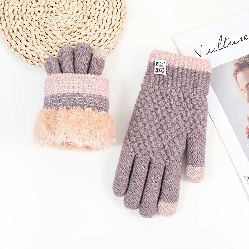 Women's New Warm Knitted Touchscreen Gloves with Added Velvet and Thickening, Women's Winter Cycling Cold and Windproof Gloves