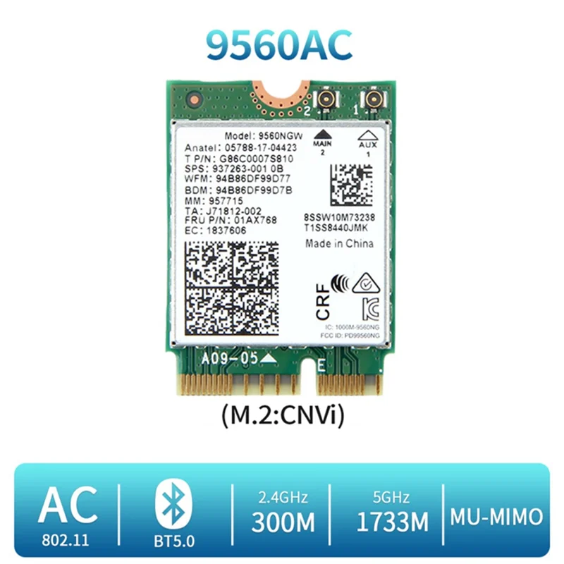 Cartão WiFi sem fio com 2XAntenna, 9560NGW, 1730Mbps, AC 9560, 2.4G, 5G, BT 5.0