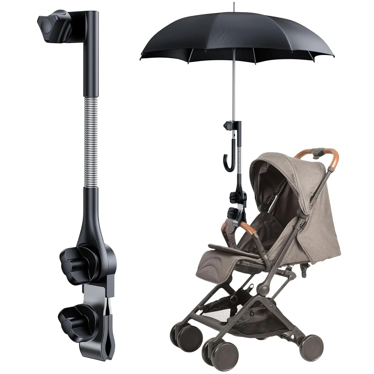 360 °   Soporte ajustable con clip para sombrilla de bebé, universal para silla de paseo, silla de pesca, camping, scooter y exteriores.