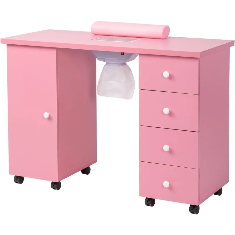 

Manicure table nail desk for nail tech, beauty salon tech station with electric downdraft vent, lockable wheels, wrist cushion