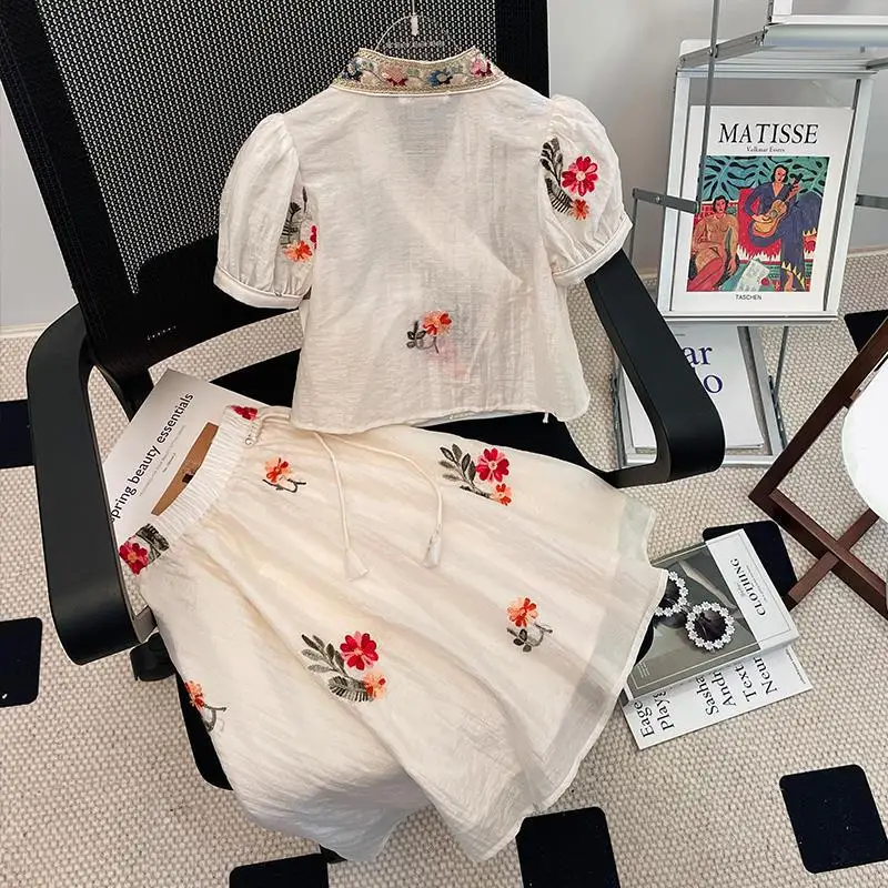 2026 Summer Girls Set Short Skirt Lace Pure Cotton Childrens Baby Two Piece Set Kids Clothes White Set Summer Clothes of Girls