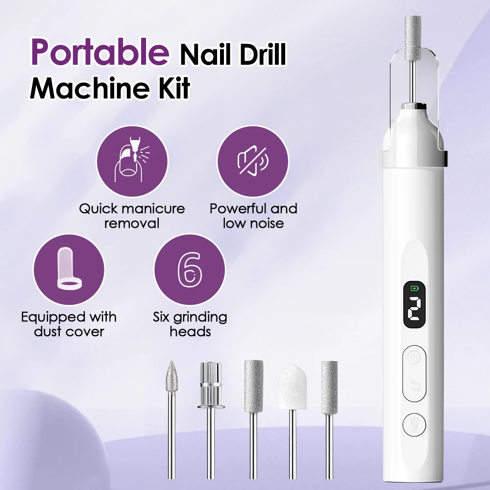 Electric Nail Drill Rechargeable Cordless Nail File, 3 Speed Forward Reverse, 5 Bits, LED Light & Dust Cover for DIY Manicure