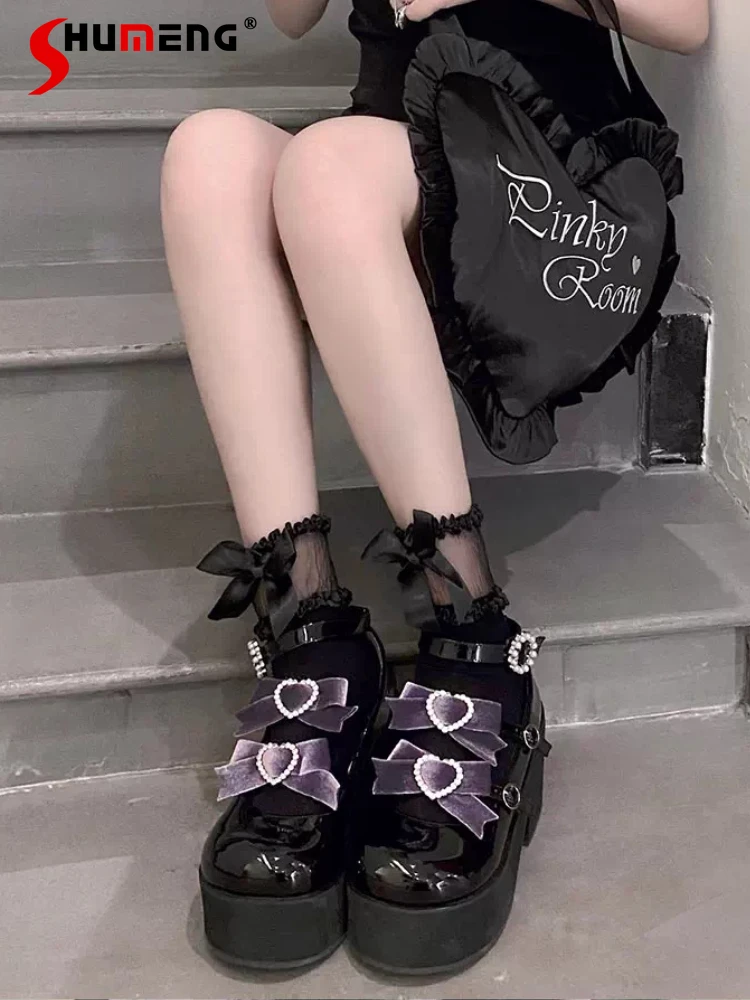 

Original Japanese Sweet Cool High Platform Heels Bow Rhinestone Buckle Black PU Elegant Versatile Lolita Mary Jane Shoes Women
