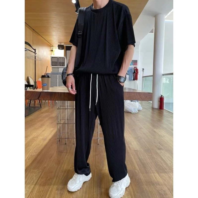 Men\'s Fashion Elastic Silk Strip Summer Tracksuits Breathable Short Sleeve T-shirt And Pants Two Piece Sets Men Outfits Suit