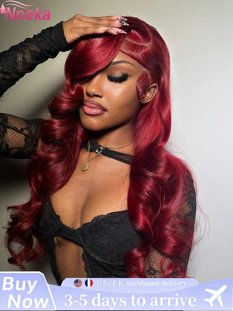 

Парик Body Wave 99J, бордовый, с кружевной передней частью 13x4, 13x6, HD кружевной фронтальный парик, красный парик из натуральных волос Remy, предварительно выщипанный, цветные парики 99J